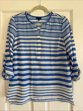 Talbots Blue and White Striped Roll-Tab Tunic Top